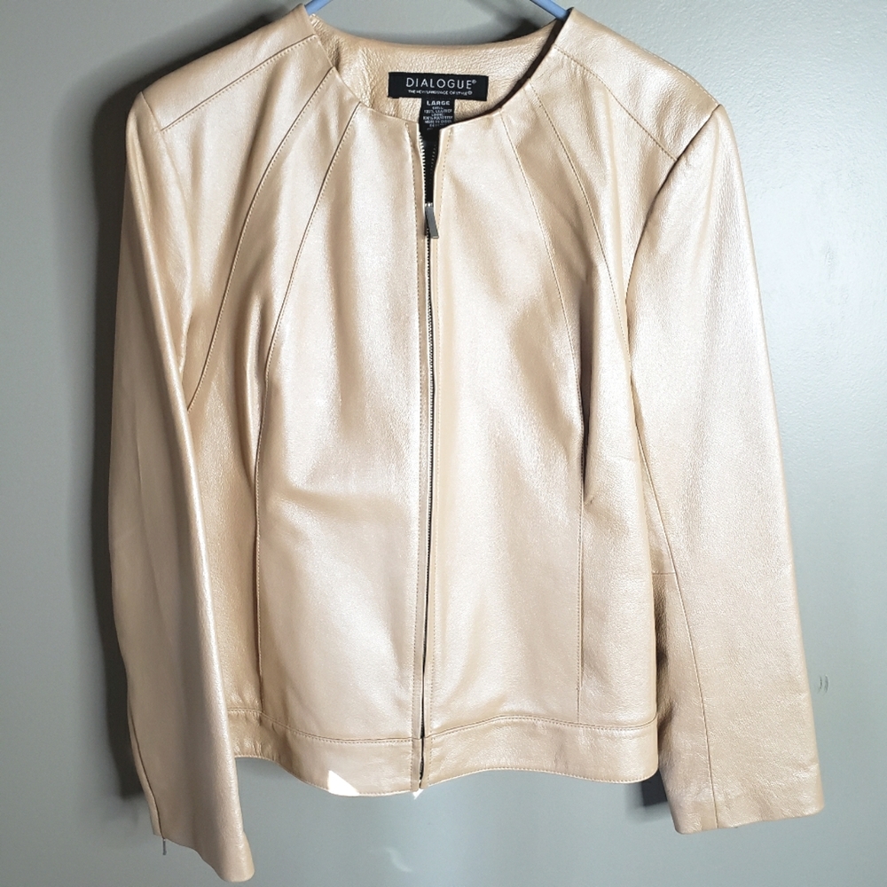 Dialogue Pearlized Champagne Leather Bomber Jacket  NWOT